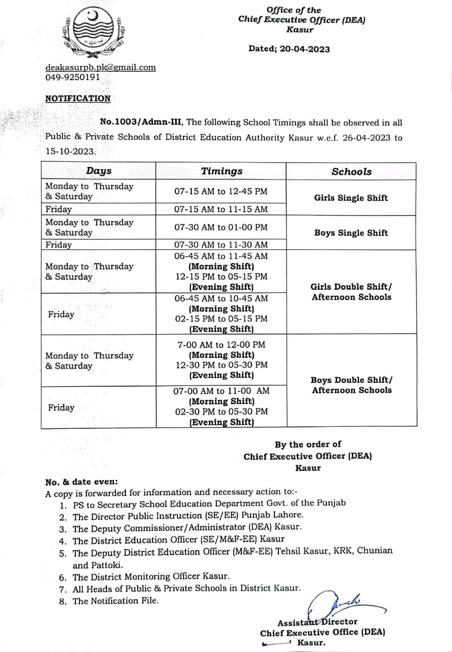 Public and Private Schools Punjab Revised Timing Kasur