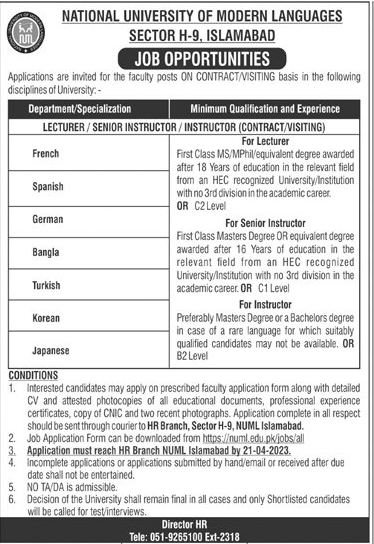 Latest Job Opportunities in National University of Modern Languages 2023 (NUML)
