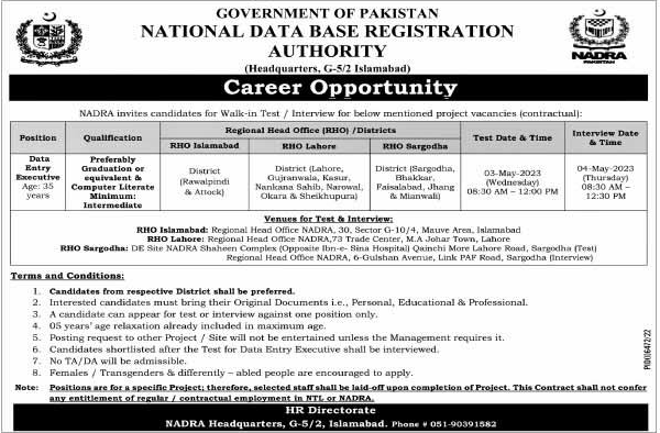 Latest Vacancies in NADRA Pakistan April 2023