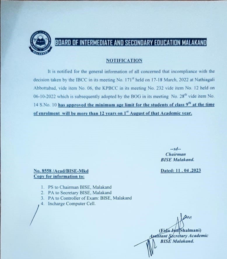 Minimum Age Limit for 9Th Class Students at the Time of Enrollment BISE Malakand