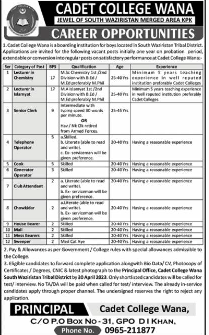 Non-Teaching and Teaching Vacancies in Cadet College WANA