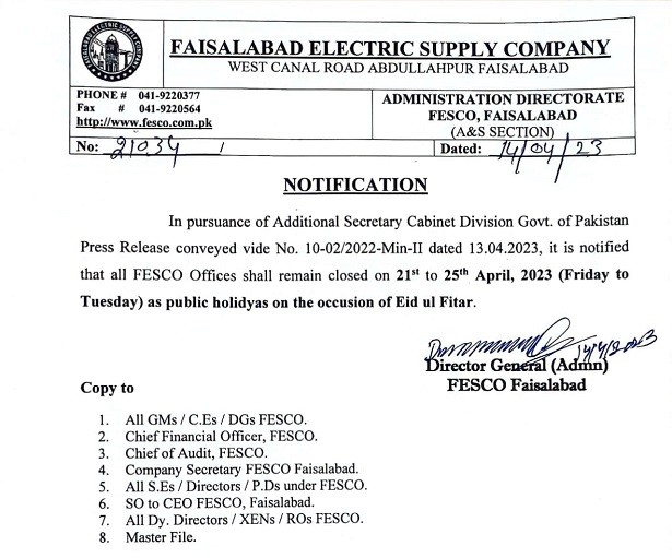 Notification Eid-ul-Fitr Holidays FESCO 2023 Announcement by Faisalabad Electric Company