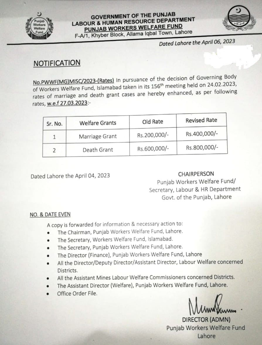 Notification Enhancement of Rates of Marriage Grant and Death Grant 2023 PWWF