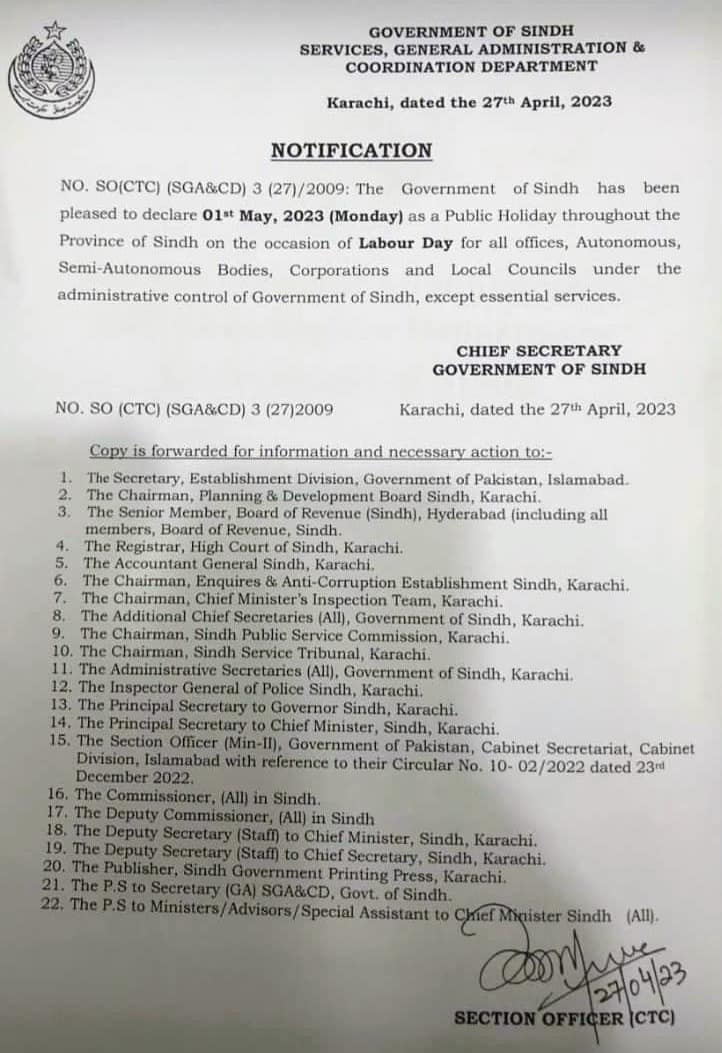 Notification Holiday on 1st May 2023 Labour Day in Sindh