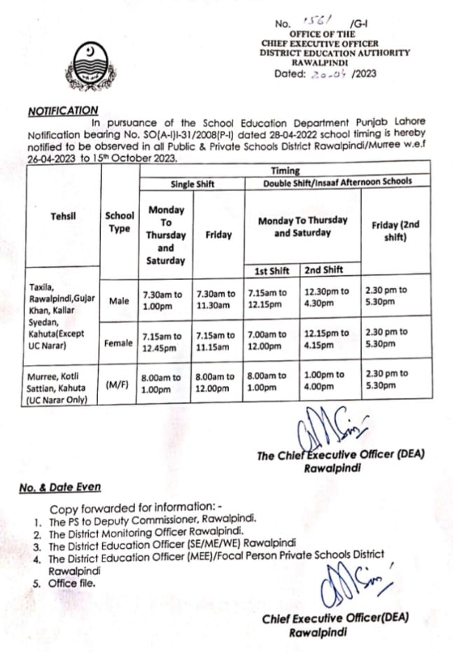 Notification Revised School Timings wef 26th April 2023 Public and Private Schools Rawalpindi