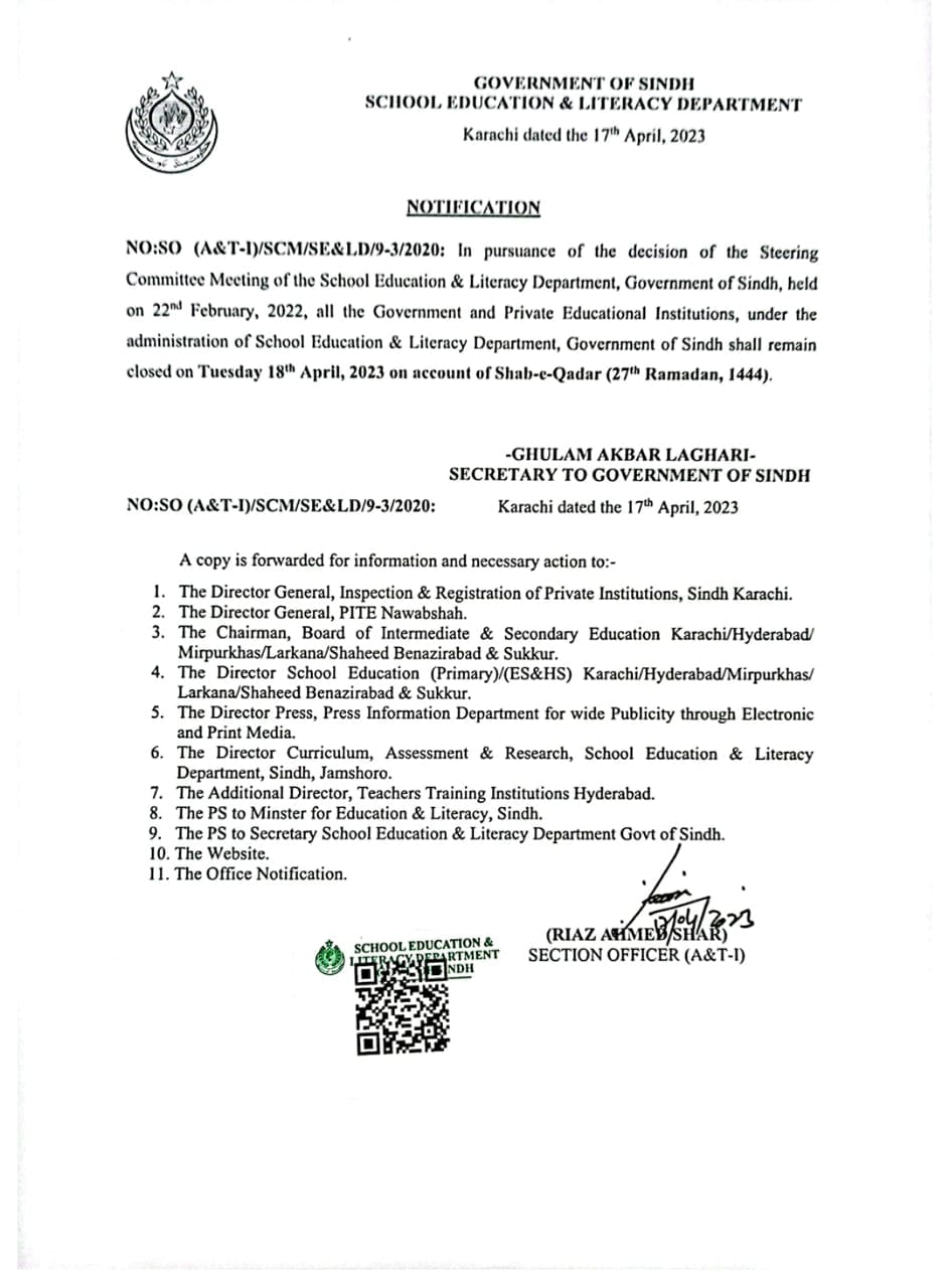 Notification of Holidays on 18 April 2023 in Sindh Province