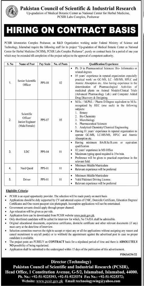 Vacancies in Pakistan Council of Scientific and Industrial Research 2023
