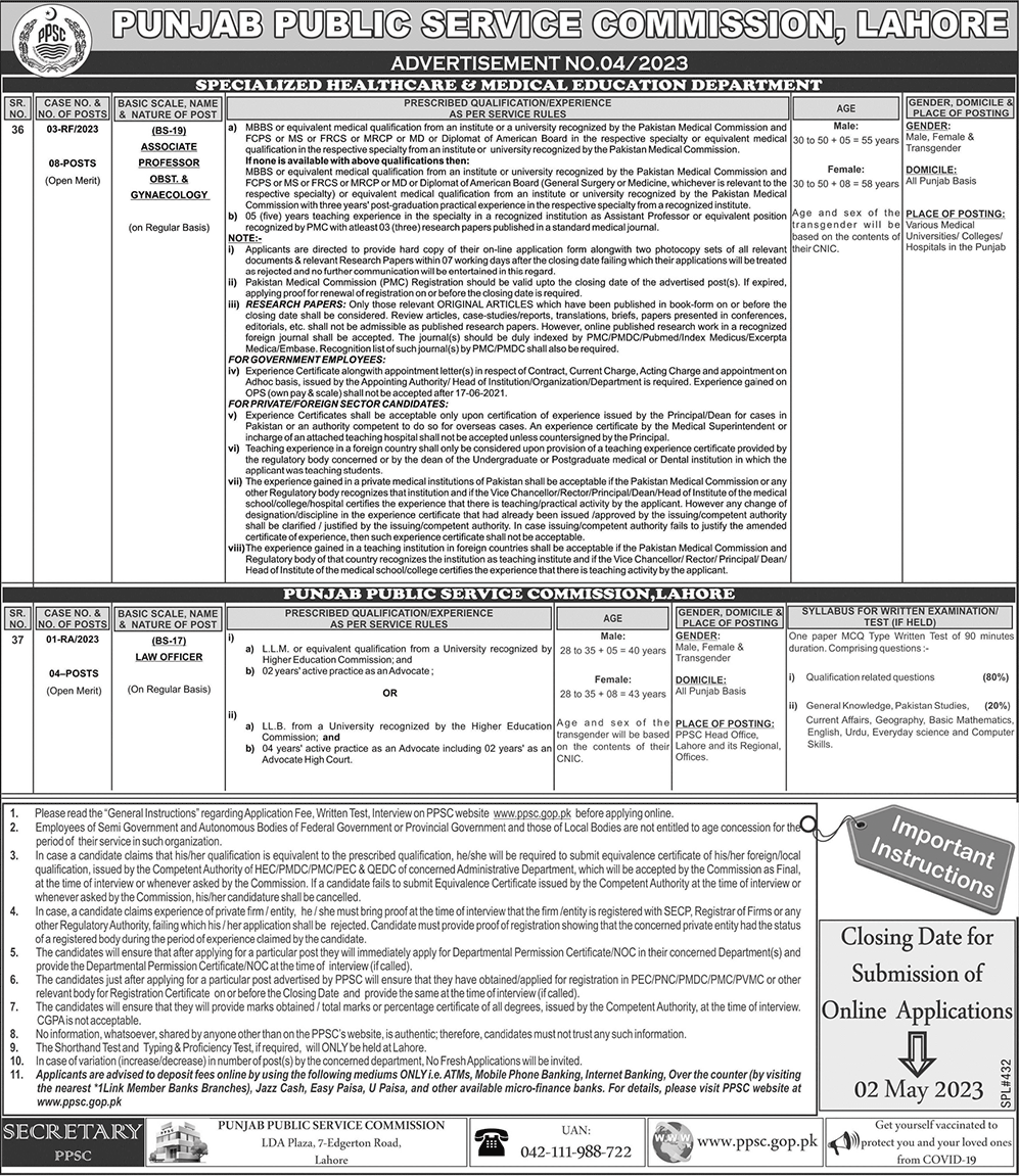 PPSC Health Department Vacancies April 2023 Ad No. 04/2023