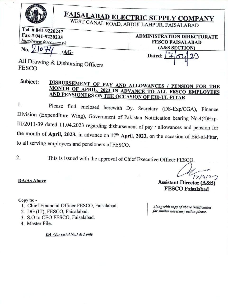 Notification FESCO Advance Salary on Eid-ul-Fitr 2023