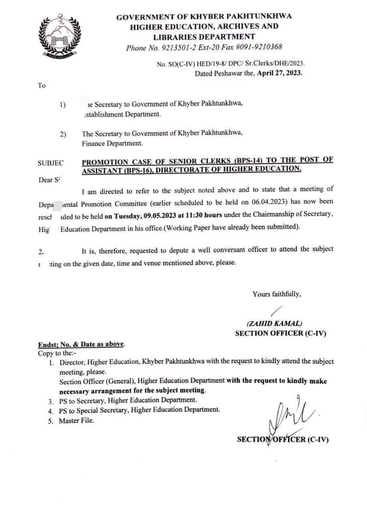 Notification Promotion Case of Senior Clerk BPS-14 to Assistant BPS-16 KPK