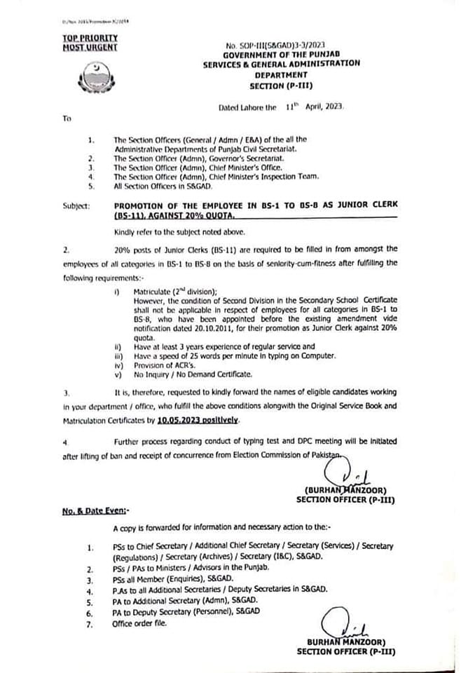 Promotion of BPS-01 to BPS-08 Punjab Employees (20% Quota)