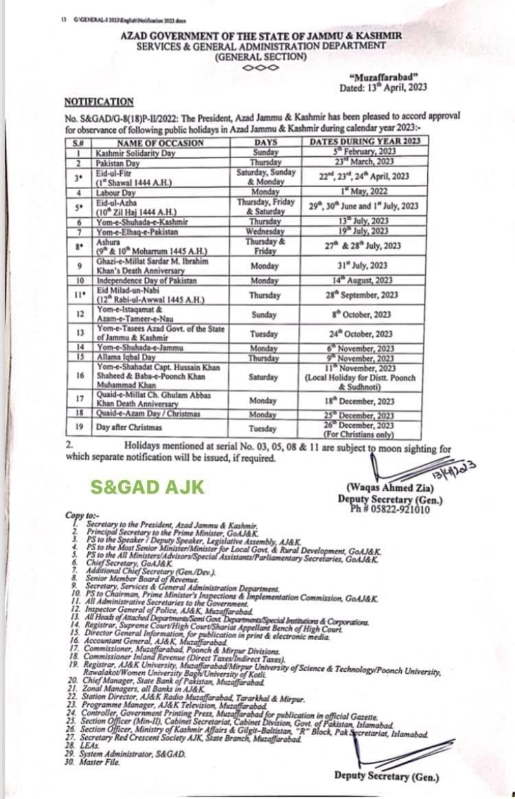 Public Holidays 2023 AJK