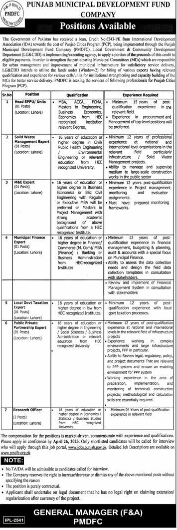 Punjab Municipal Dev Fund PMDC Vacancies 2023