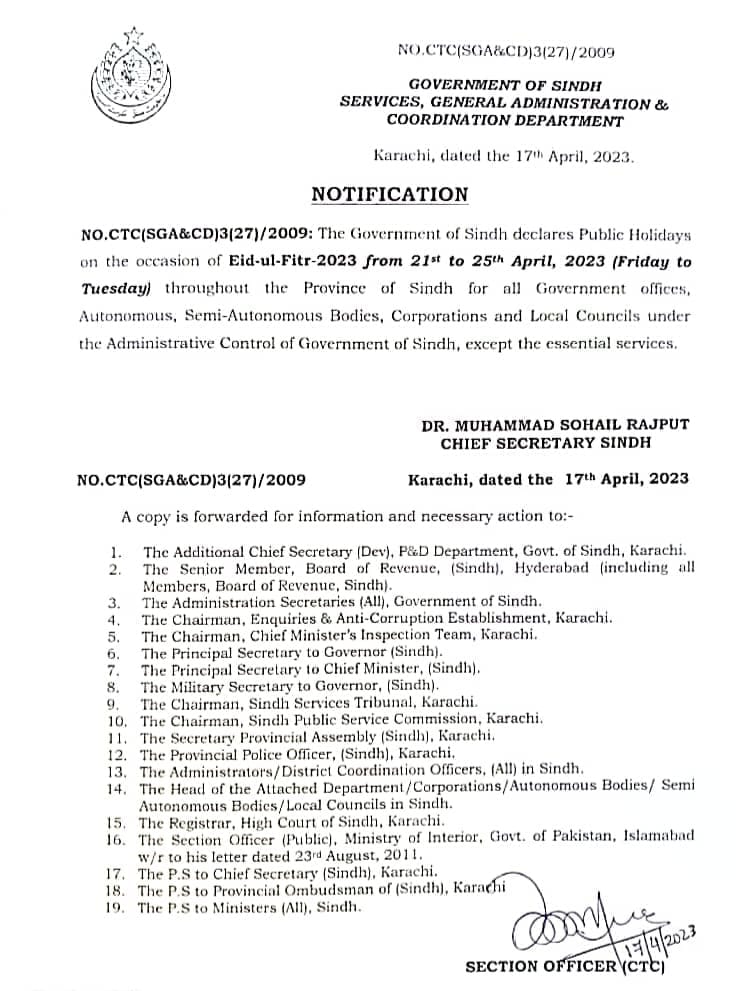 Notification of Eid ul Fitr Holidays 2023 Sindh Province