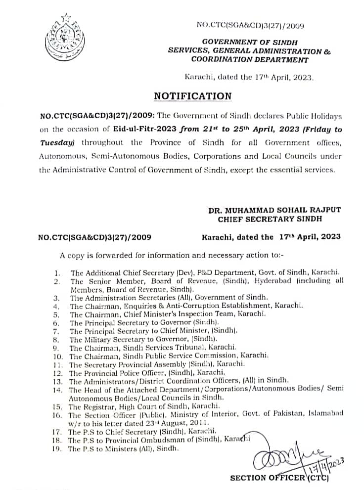 Eid ul Fitr Holidays 2023 Sindh Province Employees • Govt Jobs