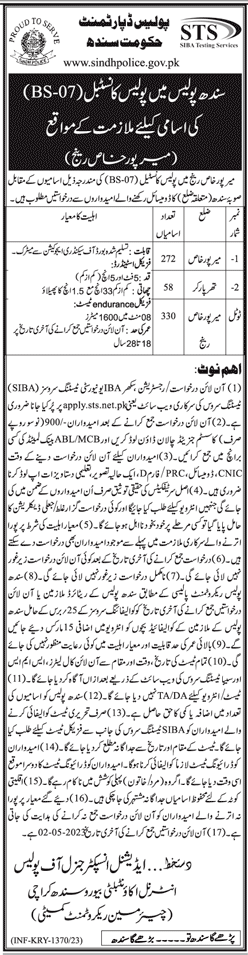 Sindh Police Constables (BPS-07) Vacancies April 2023