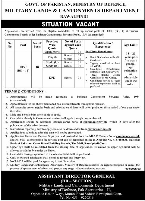 UDC BPS-11 Vacancies in Military Lands & Cantonment Department Rawalpindi