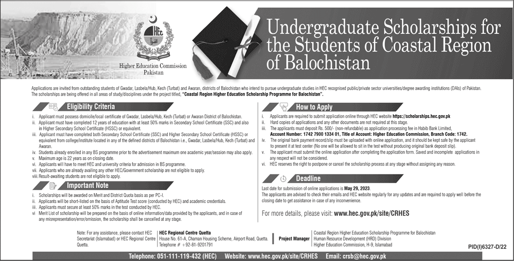Undergraduate Scholarship for Students of Coastal Region of Balochistan