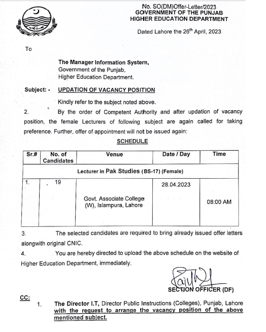 Updation of Vacancy Position Female Lecturer Pakistan Studies and Civics BPS-17