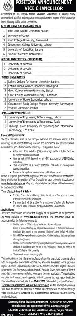 Vacancies for Vice Chancellors in Public Sector Universities in Punjab