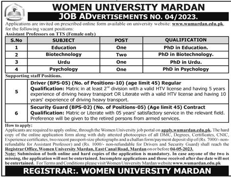Women University Mardan Teaching and Non-Teaching staff Vacancies 2023