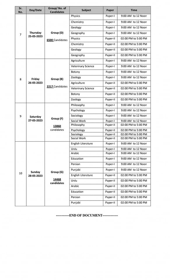 PPSC CCE 2023 Date Sheet