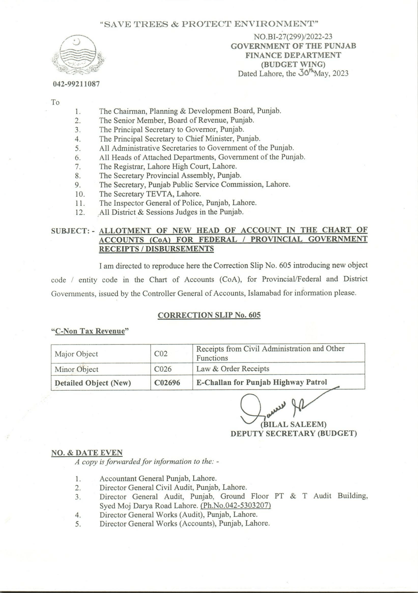 Allotment of New Head of Account in the Chart of Accounts