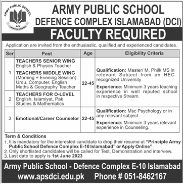Army Public School (APS) Defence Complex Islamabad Vacancies 2023
