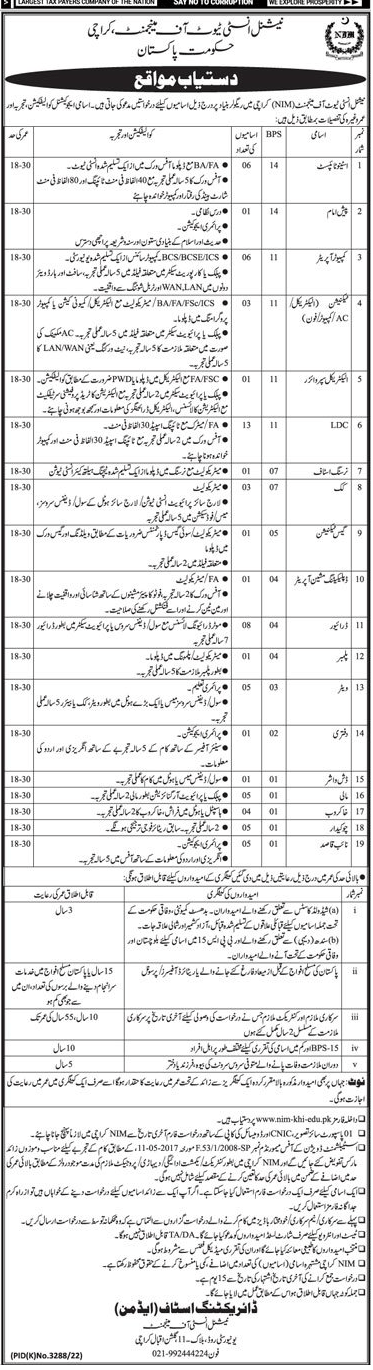 BPS-01 to BPS-14 Regular Vacancies in National Institute of Management (NIM) Karachi