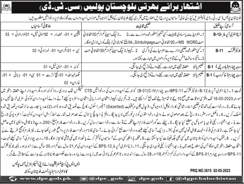 Balochistan Police (CTD) Latest Ministerial Cadre Vacancies May 2023