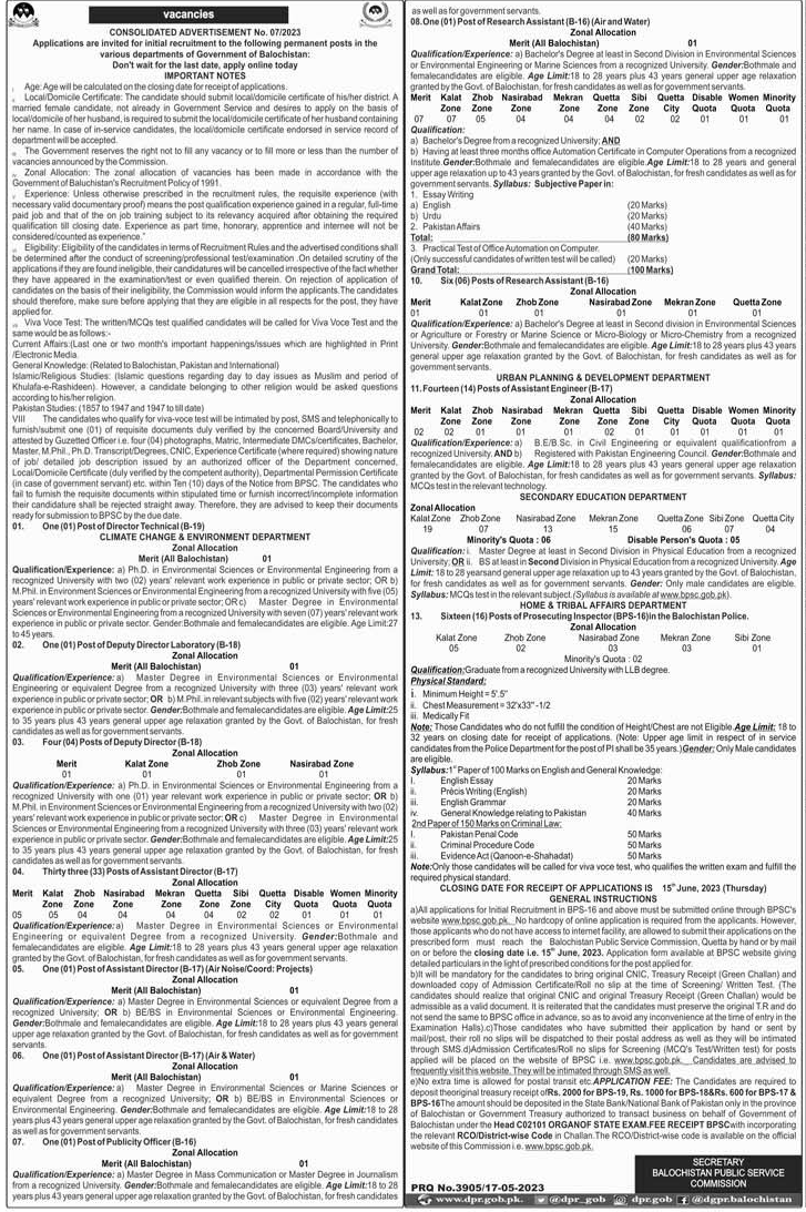 Balochistan Public Service Commission Vacancies Ad 07 of 2023