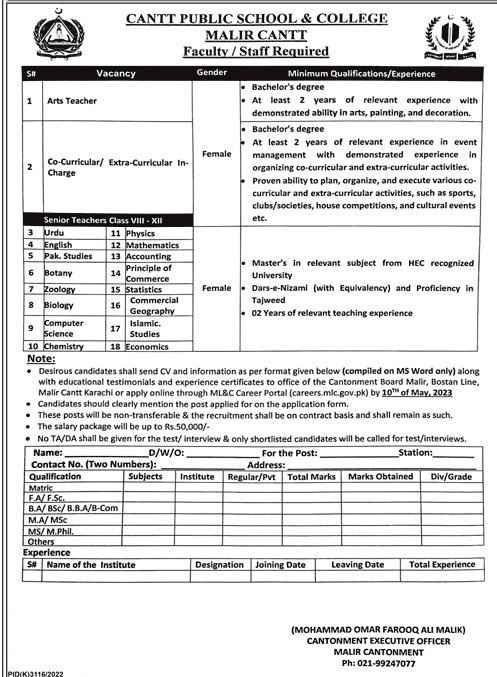 Cantt Public School & College Malir Teaching Vacancies 2023