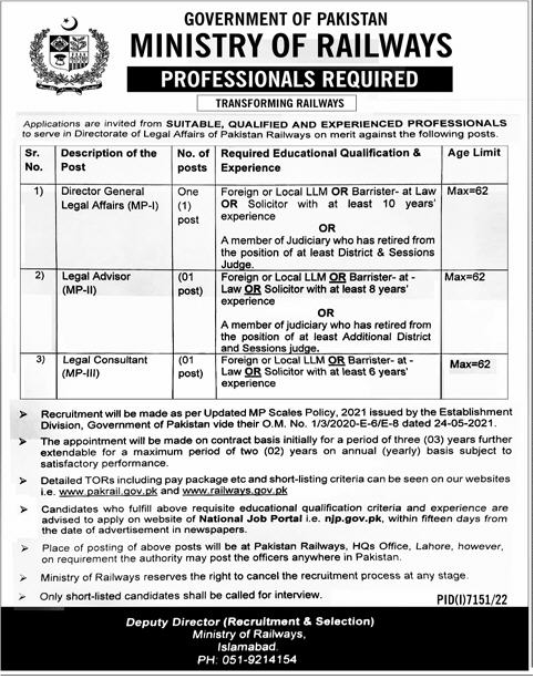 Contract Based Jobs in Pakistan Railways May 2023