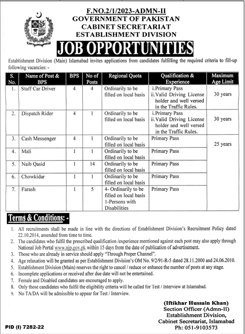 Establishment Division (Main) Islamabad Latest Vacancies May 2023