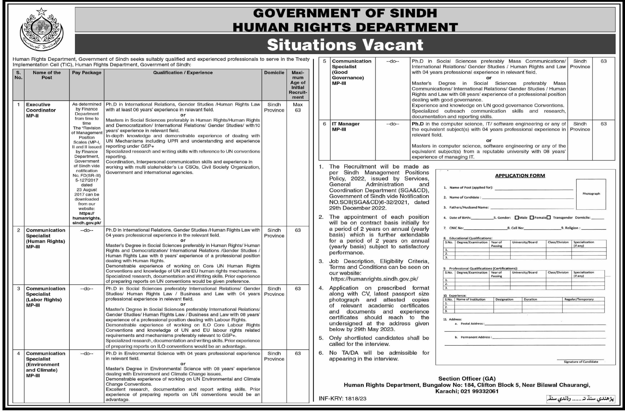 Human Rights Department Govt of Sindh Vacancies 2023