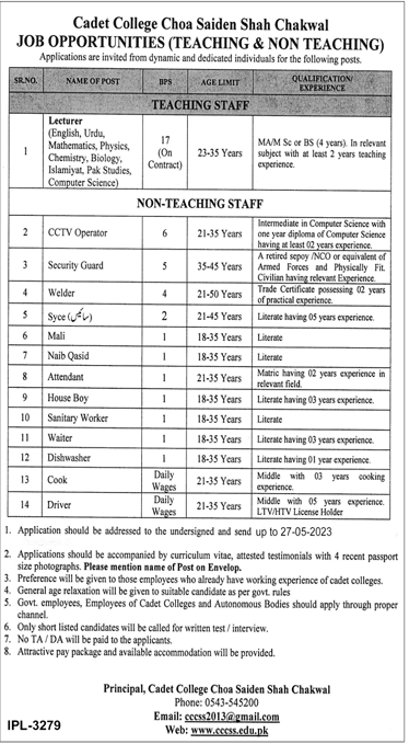 Latest Lecturer Vacancies in Cadet College Chakwal May 2023