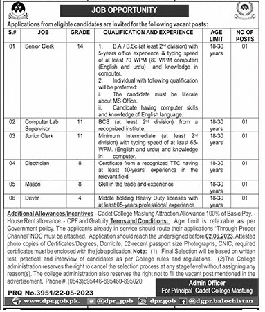 Latest Non-Teaching Vacancies in Cadet College Mastung Balochistan May 2023