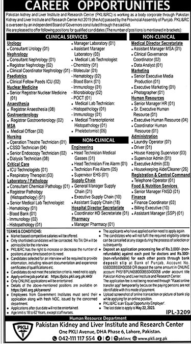 Latest Vacancies in Pakistan Kidney and Liver Institute and Research Center