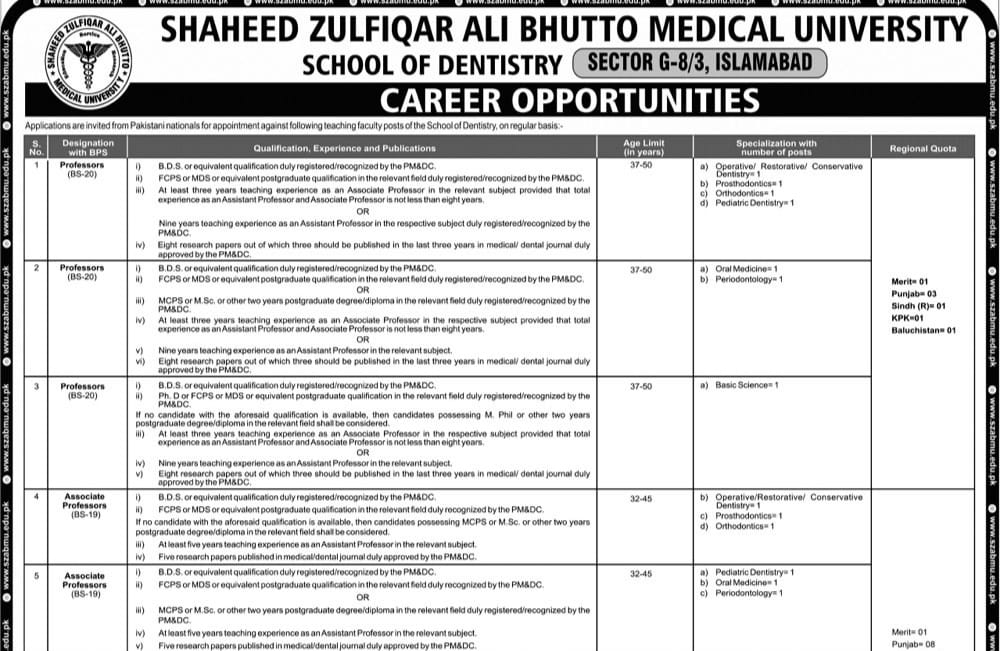 Latest Vacancies in Shaheed Zulfiqar Ali Bhutto Medical University (SZABMU)
