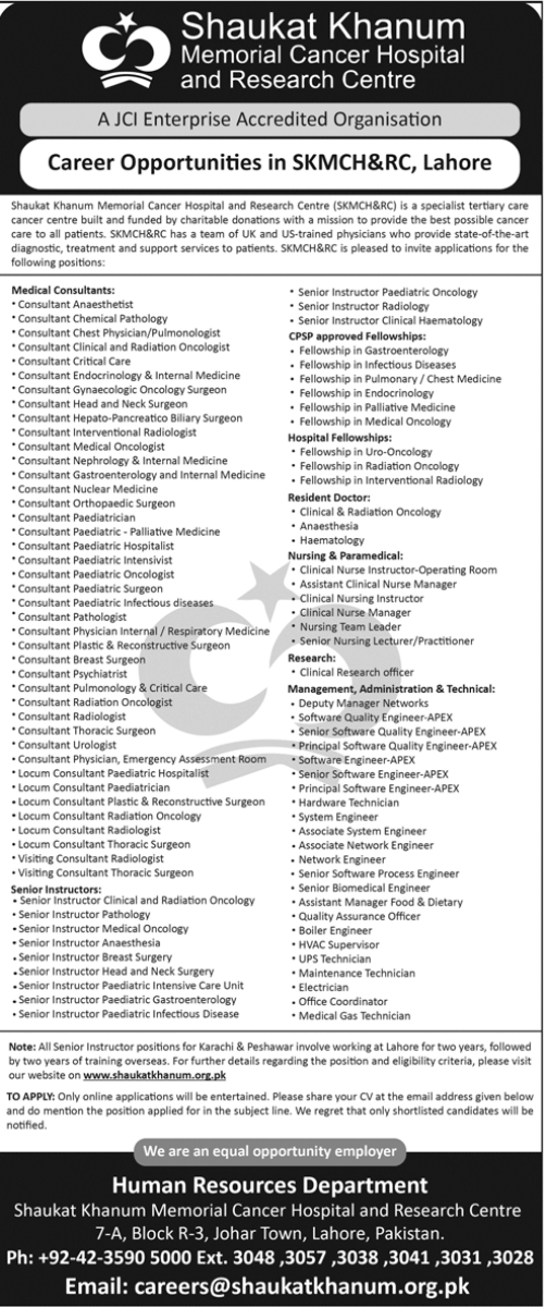 Latest Vacancies in Shaukat Khanum Memorial Hospital And Research Centre