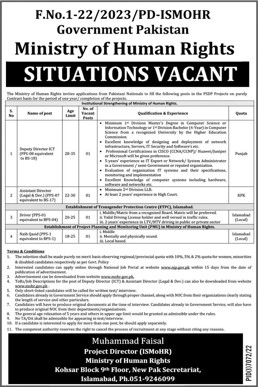 Ministry of Human Rights Govt of Pakistan Vacancies (MOHR) 2023