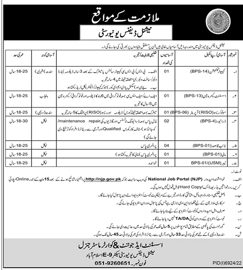 National Defense University (NDU) Vacancies May 2023