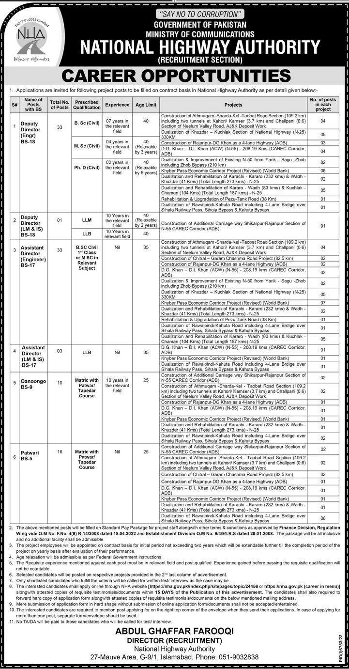 National Highway Authority (NHA) Ministry of Communication Vacancies 2023