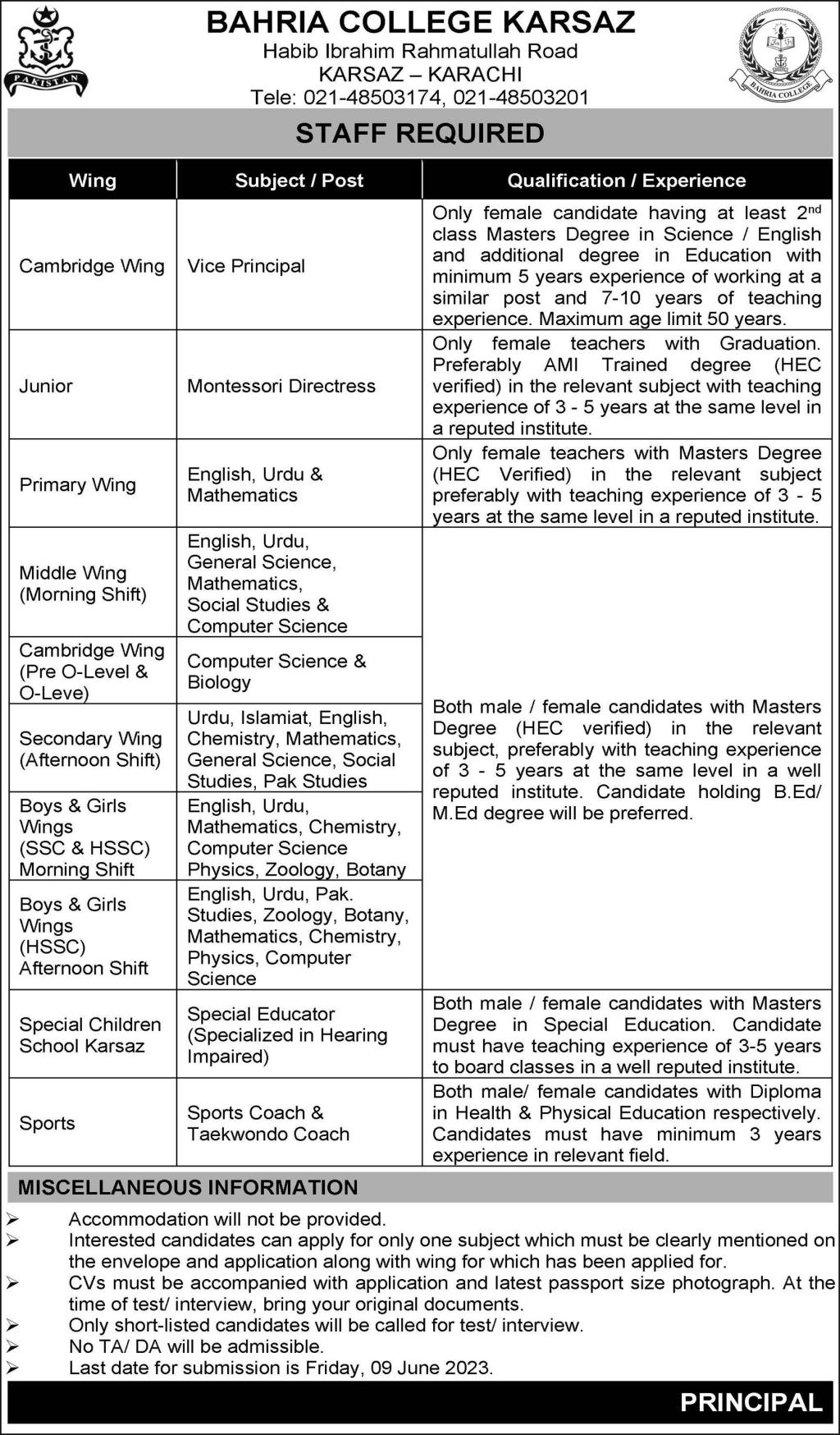 New Teaching Vacancies in Bahria College Karsaz 2023