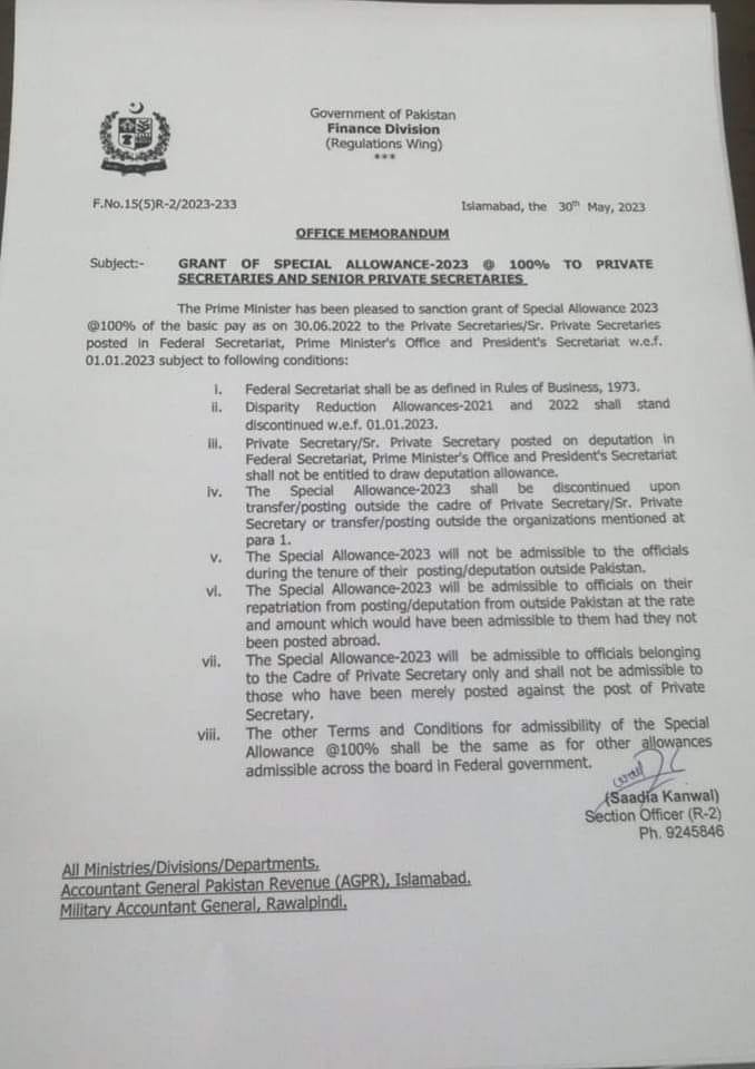Notification Grant 100% of Basic Pay Special Allowance Private Secretaries and Senior PS