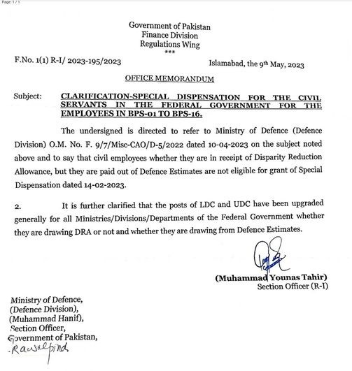 Notification Special Dispensation Clarification May 2023 for Defence Paid Employees