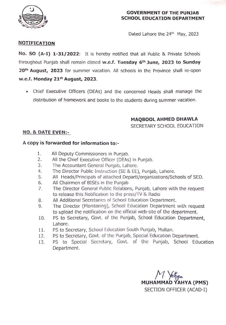 Notification Summer Vacation 2023 Punjab Schools (Public and Private)