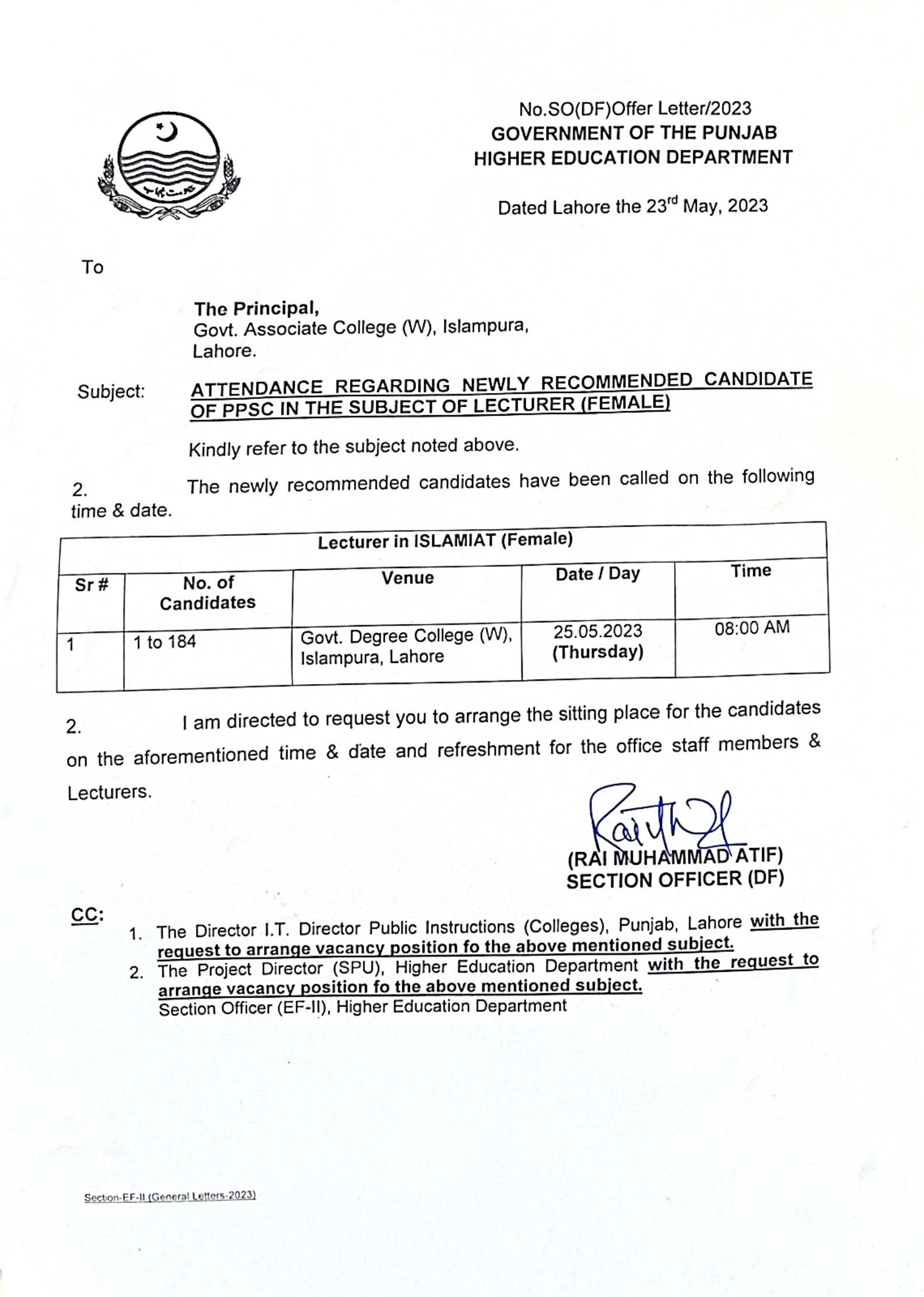 Notification of Calls to Newly Recommended PPSC Lecturer in Islamiat (Female)