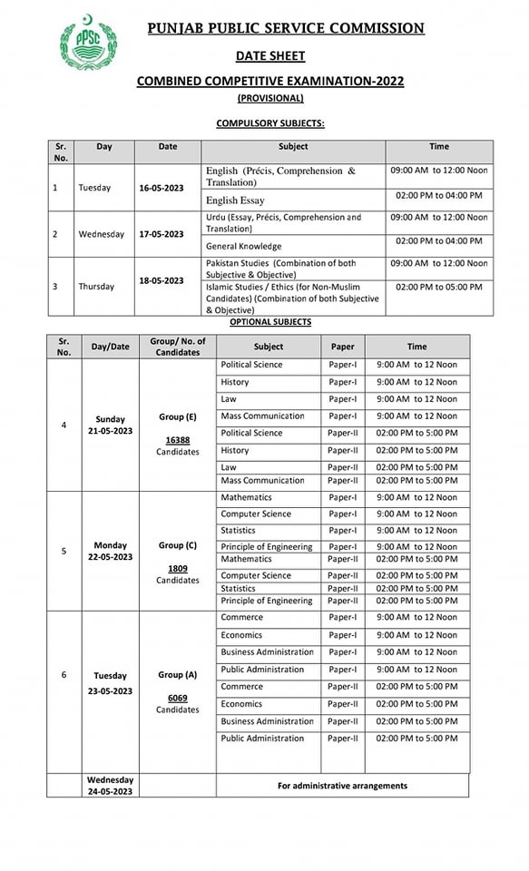 PPSC Combined Competitive Examination-2022 Date Sheet