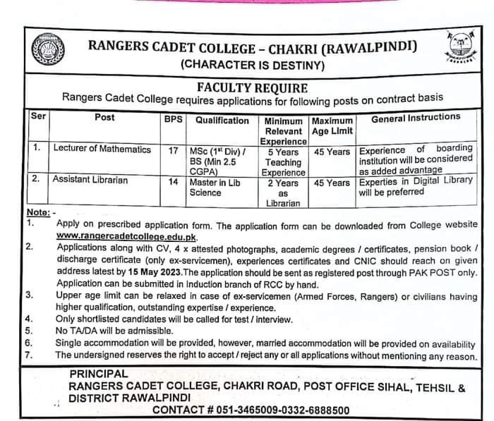 Rangers Cadet College Lecturers and Assistant Librarian Vacancies 2023